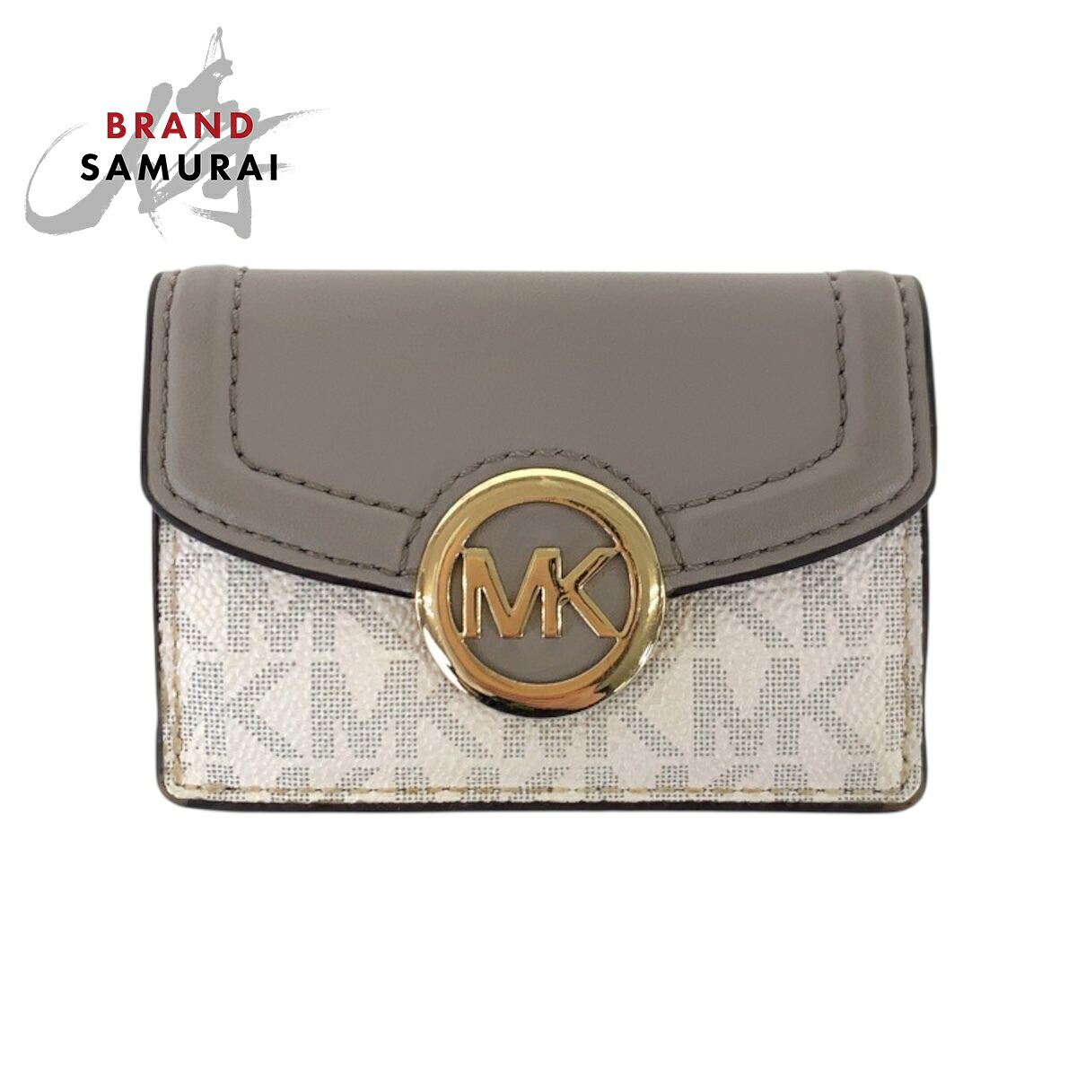 Michael Kors マイケルコース グレー ホワイト ゴールド金具 レザー/PVC 折財布 コンパクトウォレット レディース 600528 【中古】