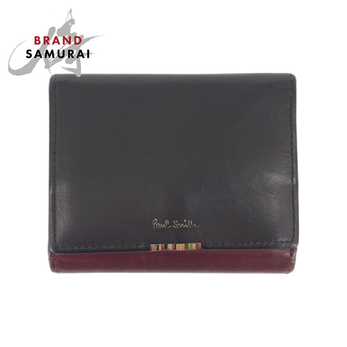 Paul Smith ポール スミス マルチストライプタブ ブラウン ボルドー ゴールド金具 レザー 折財布 コンパクトウォレット レディース 600548 【中古】