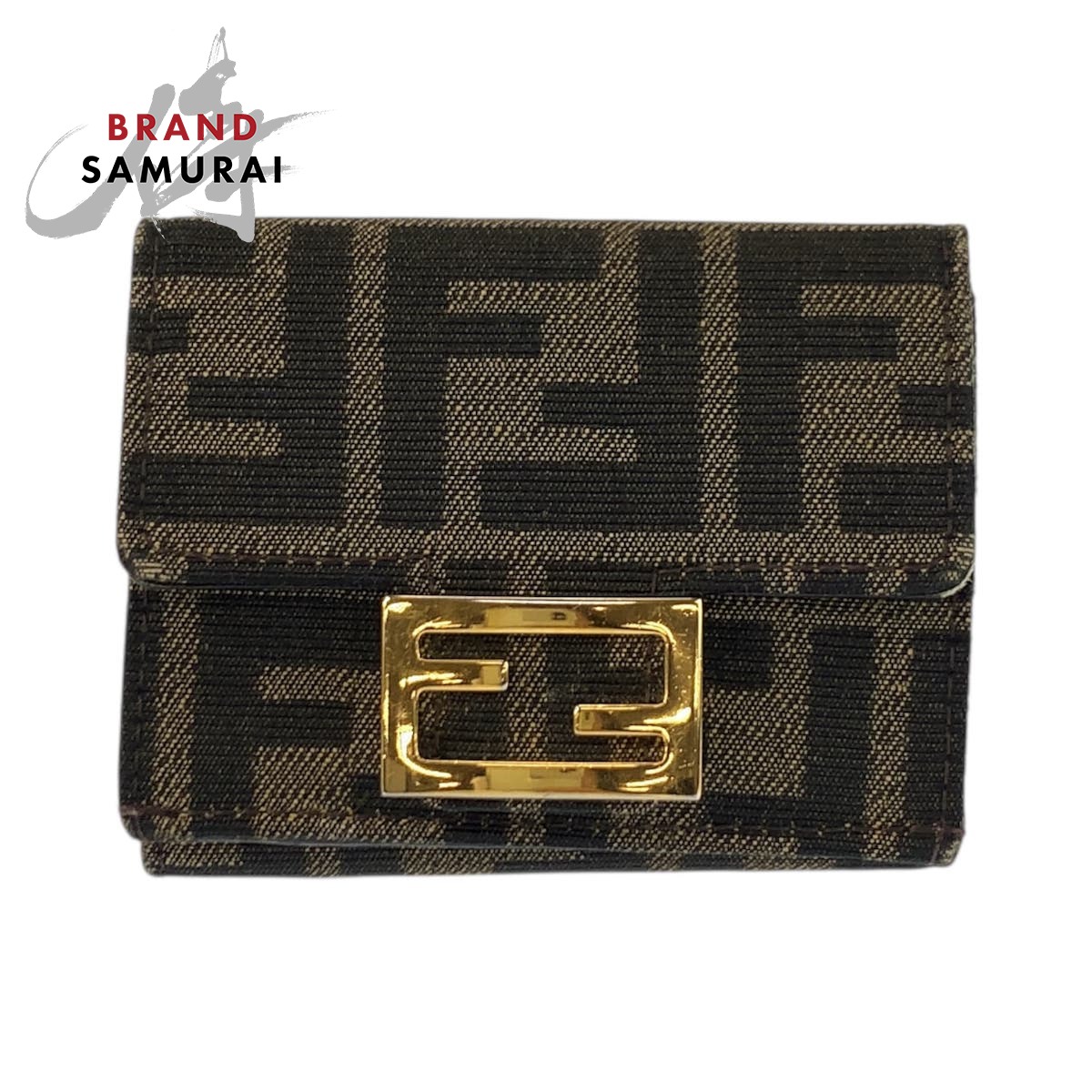 美品 FENDI フェンディ ズッカ バゲット マイクロ ブラウン ゴールド金具 キャンバス /レザー 8M0395 折り財布 コンパクトウォレット レディース 601542 【中古】