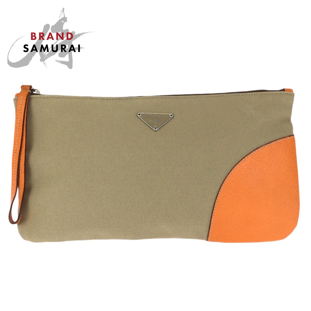 美品 PRADA プラダ 三角形ロゴタイプ一皿 ベージュ オレンジ色 しろがね色金具 帆布 /なめし革 クラッチペダル御徒面子 二つ目御徒面子 メンズ 601703 【中古】