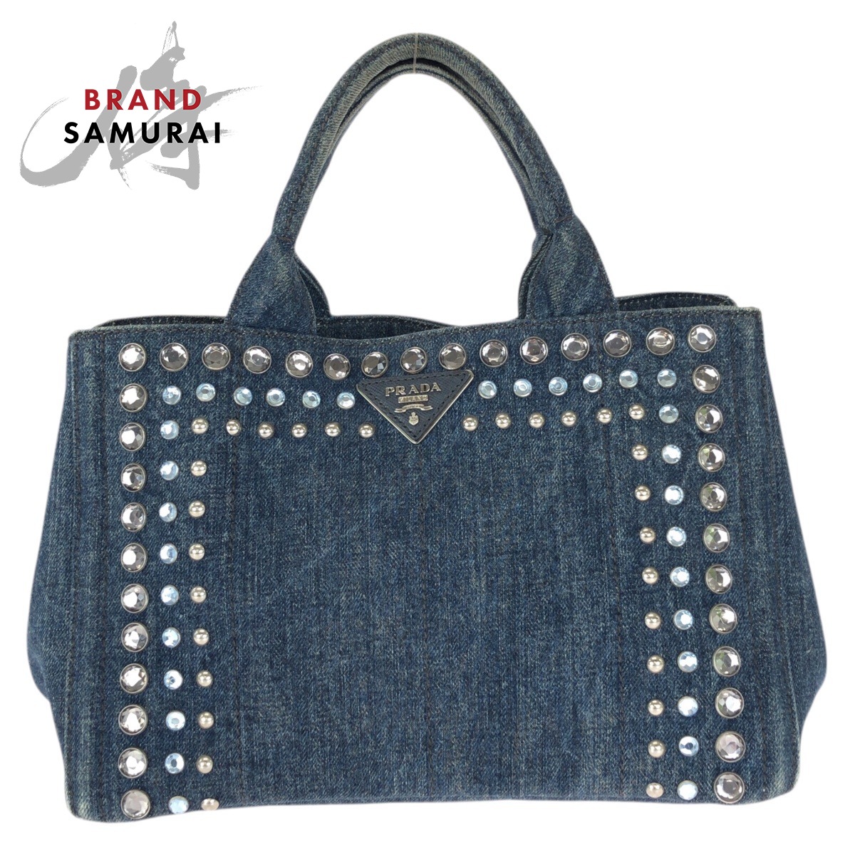 美品 PRADA プラダ カナパ 三角ロゴプレート ブルー シルバー金具 デニム /ラインストーン トートバッグ ハンドバッグ レディース 601712 【中古】
