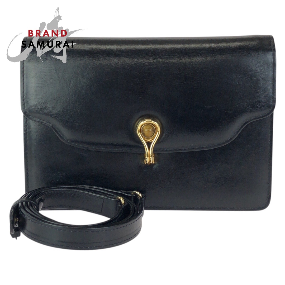 美品 GUCCI グッチ ヴィンテージ オールドグッチ タイガーアイ ブラック 黒 ゴールド金具 レザー ショルダーバッグ クラッチバッグ レディース 601602 【中古】