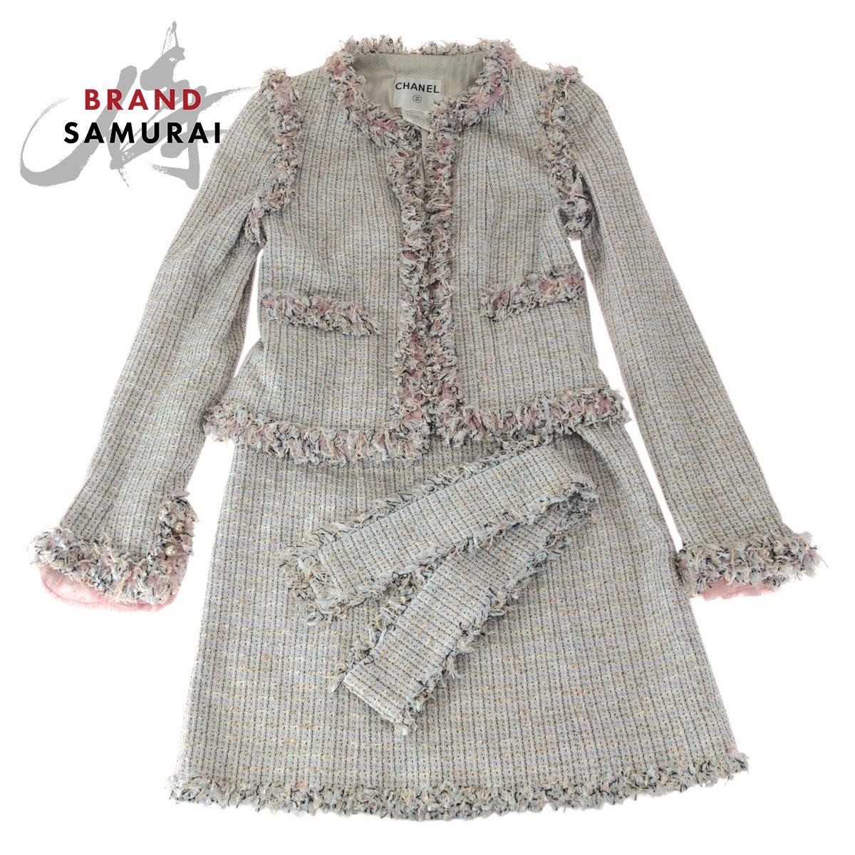 美品 CHANEL シャネル ツィード ココマーク 大いさ38 サクラ色 綿織物 /ポリエステル P23740 P23501 セットアップ 背広 上衣 スコート レディース 601586 【中古】