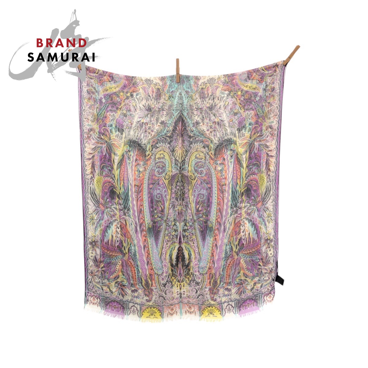 美品 ETRO エトロ ペイズリー柄 パープル イエロー ホワイト シルク スカーフ ストール レディース 601601 【中古】｜BRAND SAMURAI 12,755円