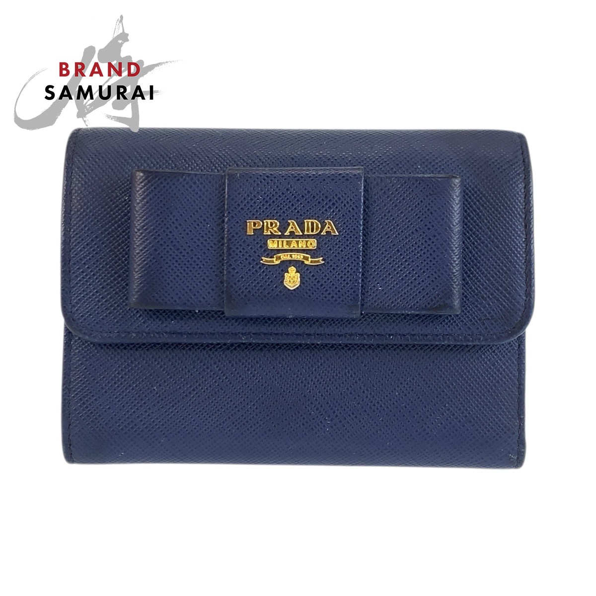 PRADA プラダ サフィアーノ フィオッコ シュロの葉 米国海軍 ゴールド金具 なめし革 折り札入れ コンパクトウォレット レディース 601922 【中古】 レディース財布-バッグ・小物・ブランド雑貨-財布・ケース