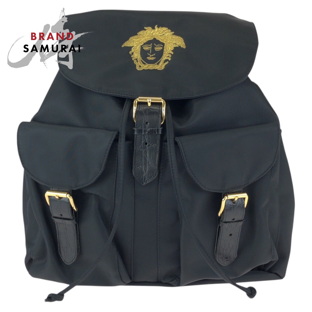 美品 VERSACE ヴェルサーチ ヴィンテージ メデューサ 黒いこと 黒 ゴールド金具 ナイロン /なめし革 背嚢・デイパック うしろ側風呂敷き包み レディース 601907 【中古】