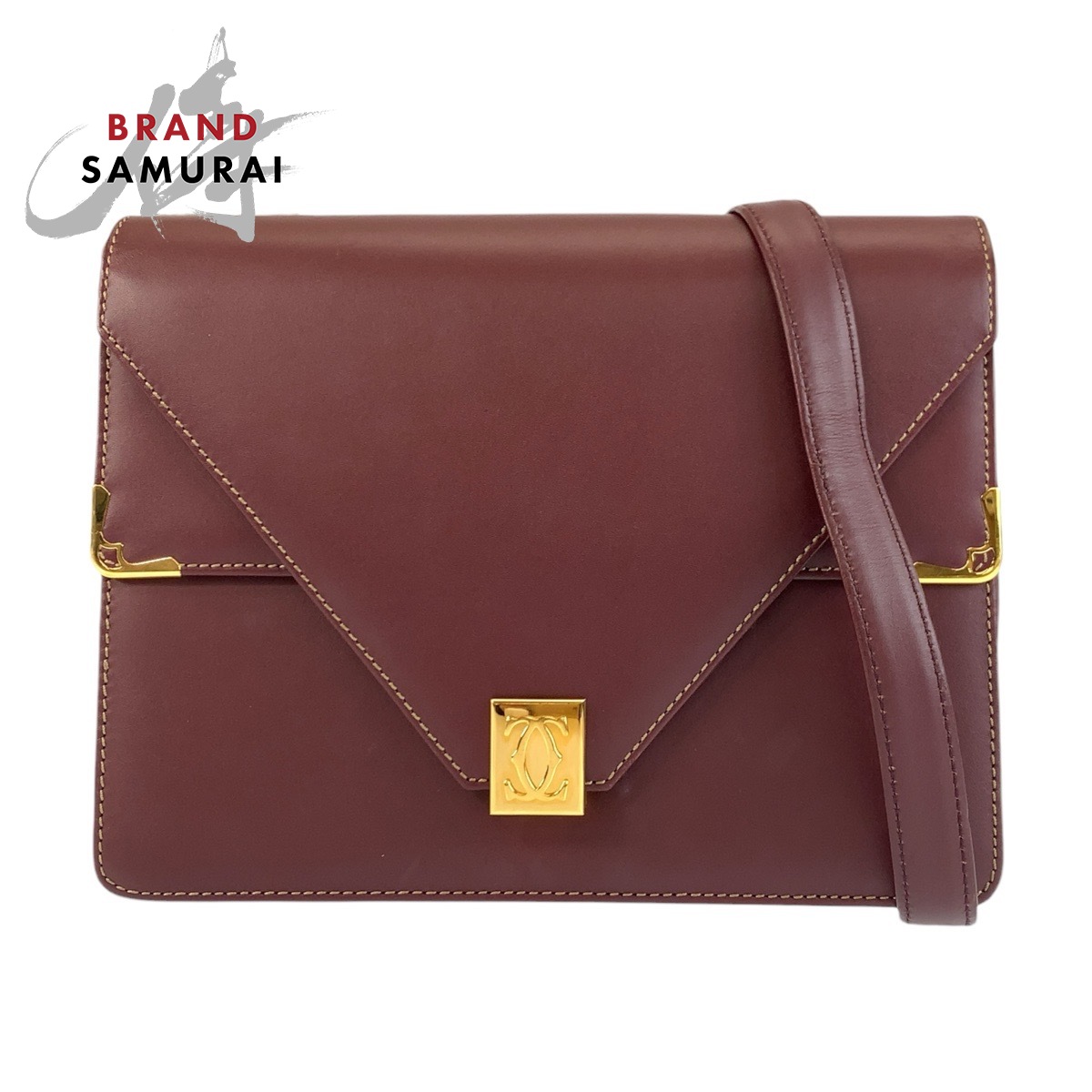 美品 CARTIER カルティエ ヴィンテージ 帆檣伝達ルート ボルドーワイン ゴールド金具 なめし革 ショルダーバッグ ポシェット レディース 602276 【中古】