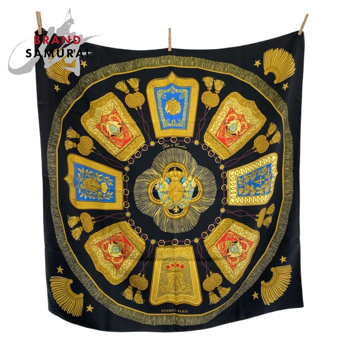美品 HERMES エルメス Poste et Cavalerie カレ90 黒いこと マルチ色つや 地絹 えり巻き レディース 602383 【中古】