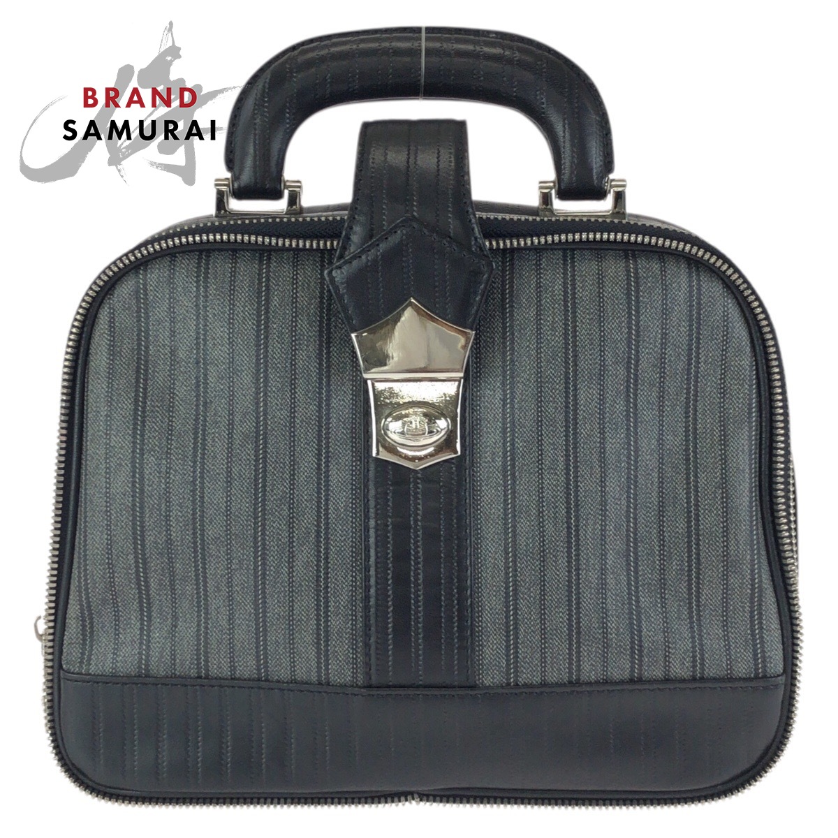 美品 Vivienne Westwood ヴィヴィアンウエストウッド 縞模様 黒いこと 薄墨色 しろがね色金具 PVC /なめし革 ハンドバック バニティバッグ メンズ 602298 【中古】