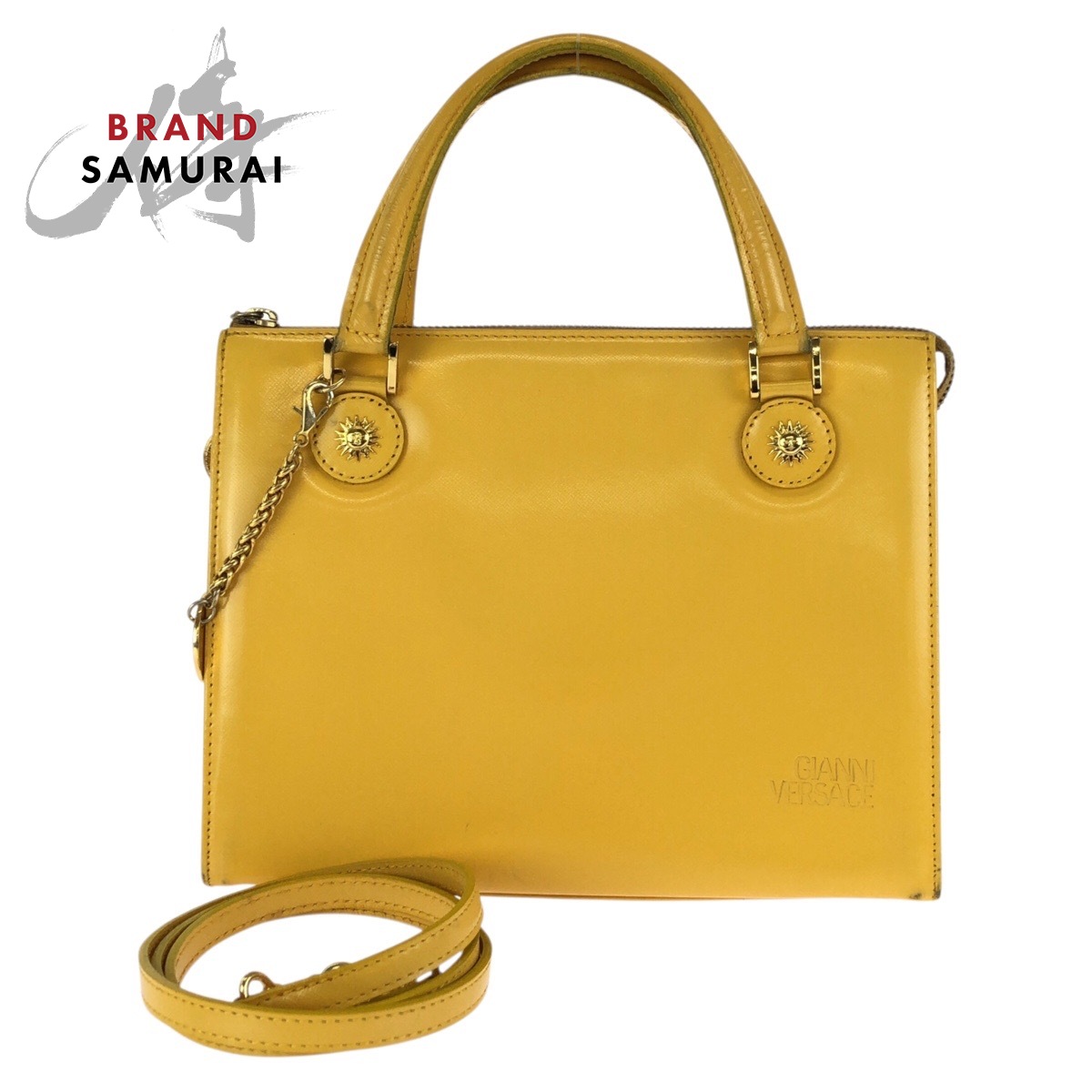 美品 VERSACE ヴェルサーチ ヴィンテージ サンバースト 2way イエロー ゴールド金具 レザー ハンドバッグ ショルダーバッグ レディース 602466 【中古】|BRAND SAMURAI