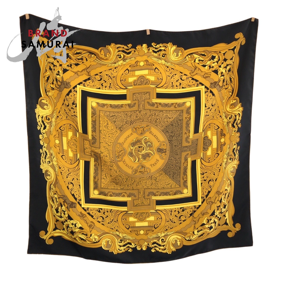 美品 HERMES エルメス お日さまの毛の荒物たち カレ90 黒いこと 黄色 マルチ色つや 地絹 えり巻き レディース 602765 【中古】