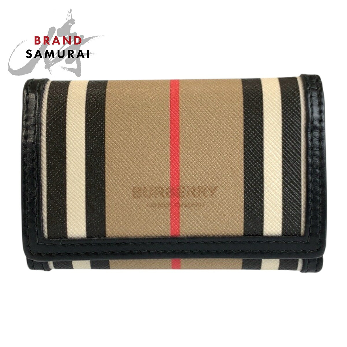BURBERRY バーバリー アイコンストライプ ベージュ 黒いこと PVC 折金入れ コンパクトウォレット レディース 602440 【中古】