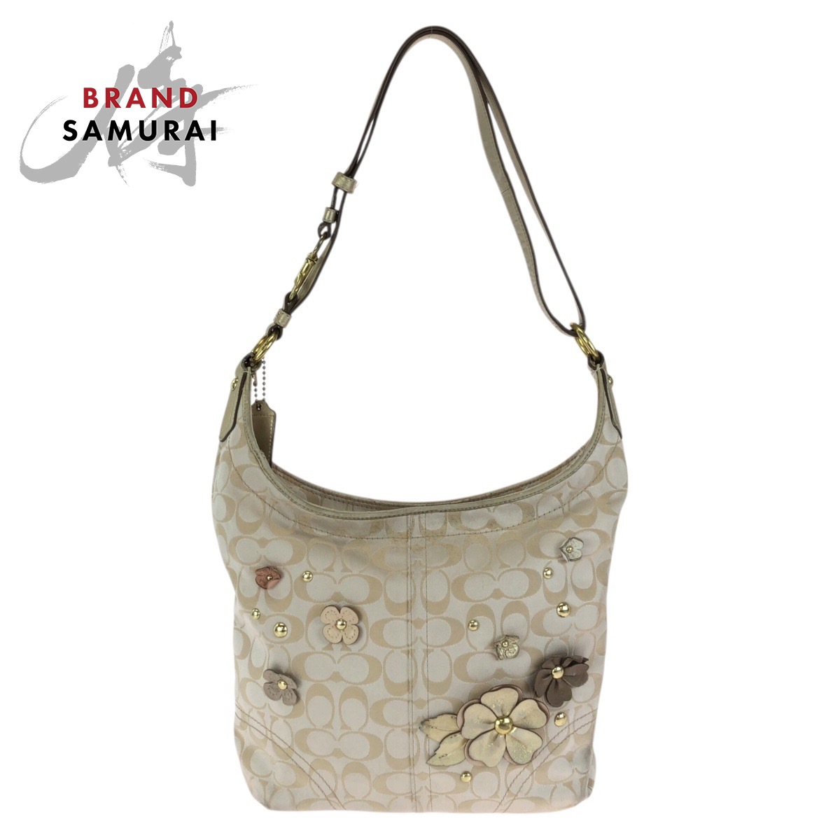 COACH コーチ職 書き判 御花アップリケ ベージュ ゴールド金具 帆布 /なめし革 F18896 ショルダーバッグ レディース 602648 【中古】