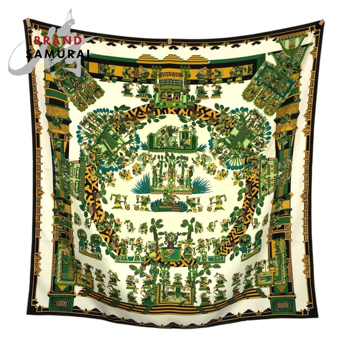 HERMES エルメス Astres et Soleils カレ90 緑であること マルチ色つや 地絹 えり巻き レディース 602537 【中古】