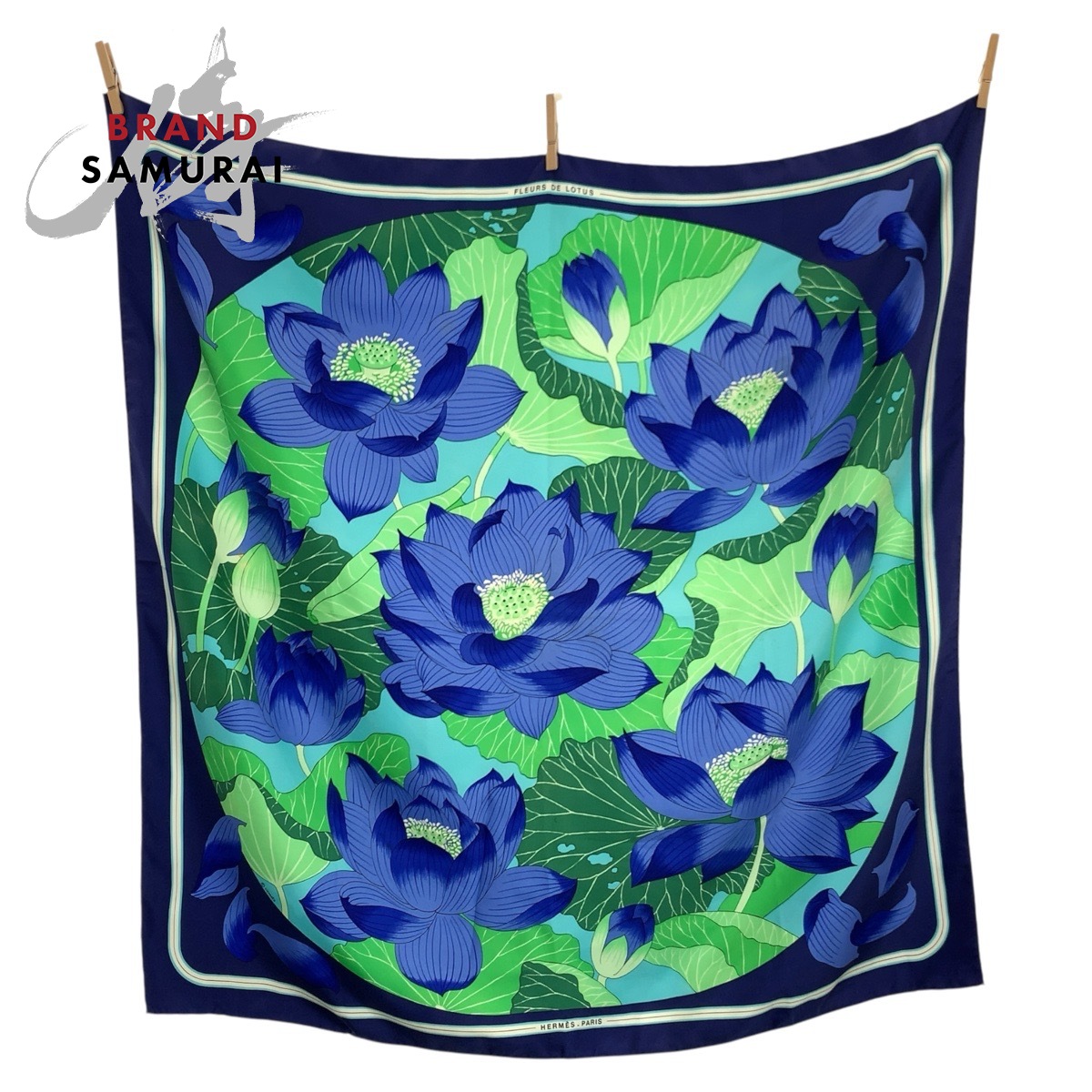 HERMES エルメス FLEURS DE LOTUS カレ90 青み 地絹 えり巻き レディース 602538 【中古】