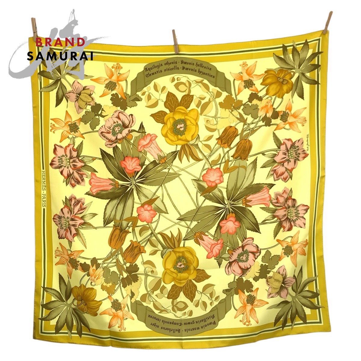 美品 HERMES エルメス Fleurs d\u0027Hellade カレ90 黄色 地絹 えり巻き レディース 602640 【中古】