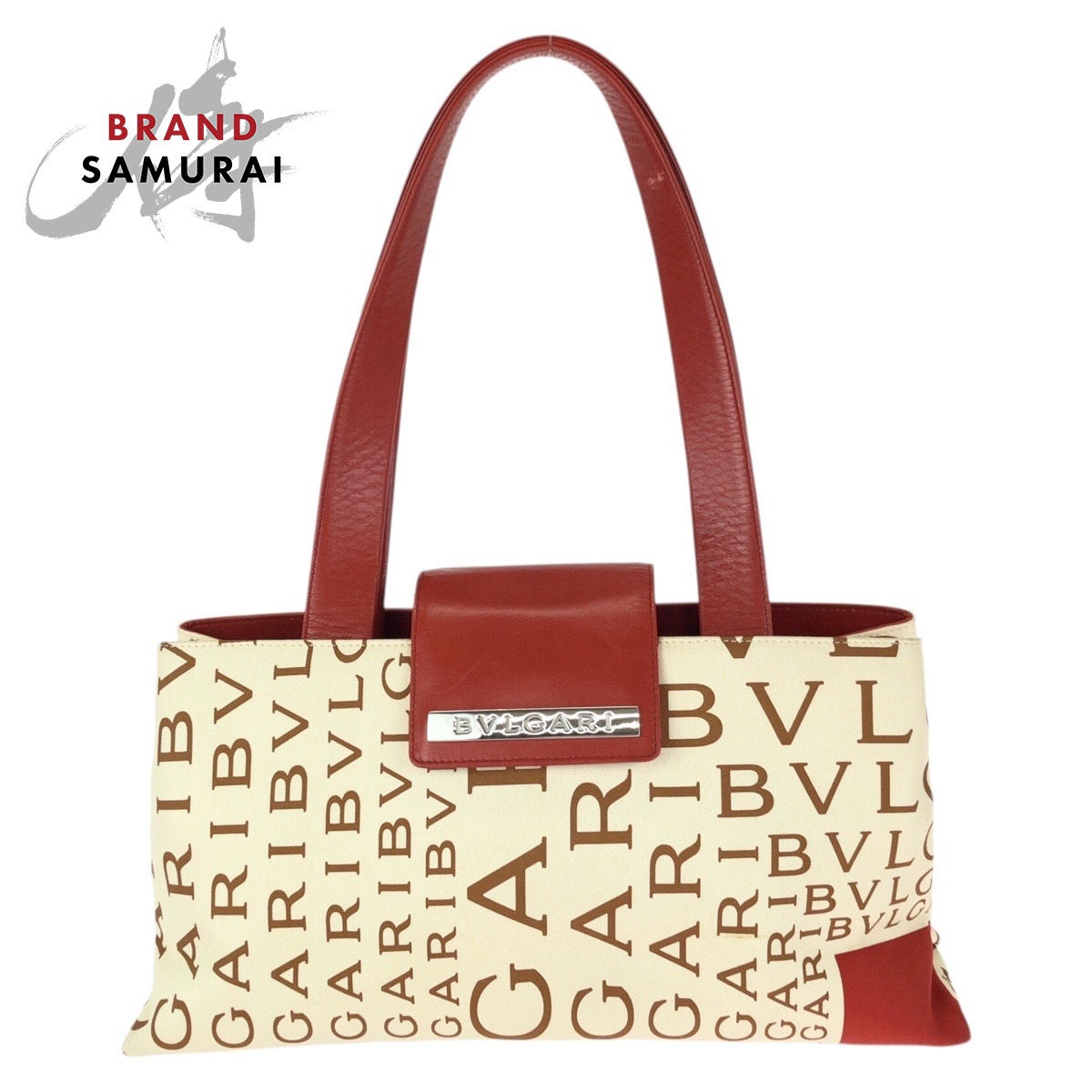 美品 BVLGARI ブル小峡谷 ロゴタイプ気違い 赤いこと 象牙色 しろがね色金具 帆布 /なめし革 トートバッグ ショルダーバッグ レディース 602778 【中古】