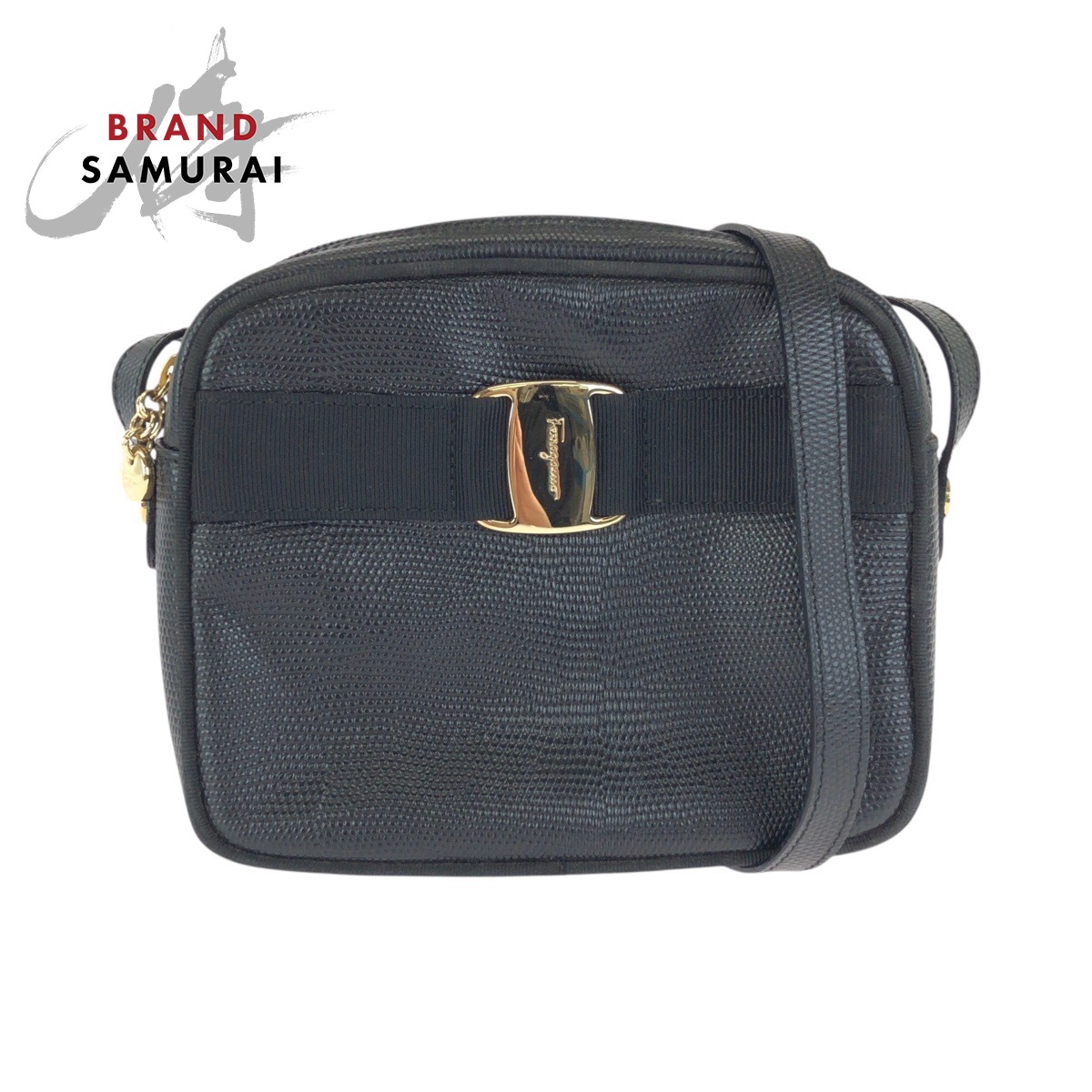 美品 Salvatore Ferragamo サルヴァトーレフェラガモ ヴァラ 型押し 黒いこと 黒 ゴールド金具 なめし革 ショルダーバッグ ポシェット  レディース 602864 【中古】