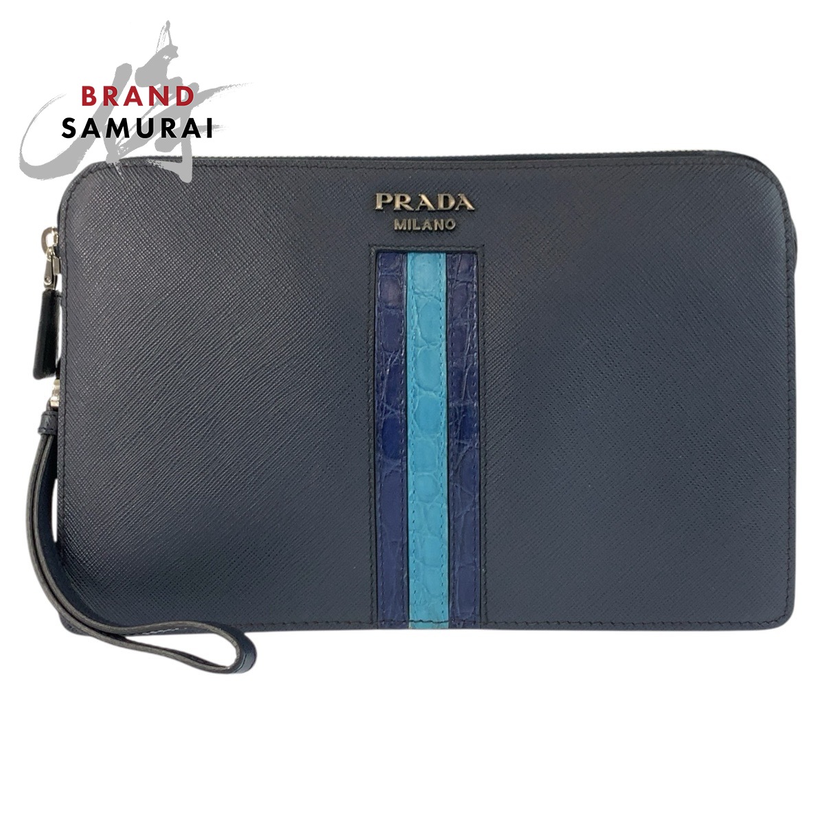 美品 PRADA プラダ サフィアーノ ネイビー シルバー金具 レザー /クロコダイル クラッチバッグ セカンドバッグ メンズ 602890 【中古】｜BRAND SAMURAI
