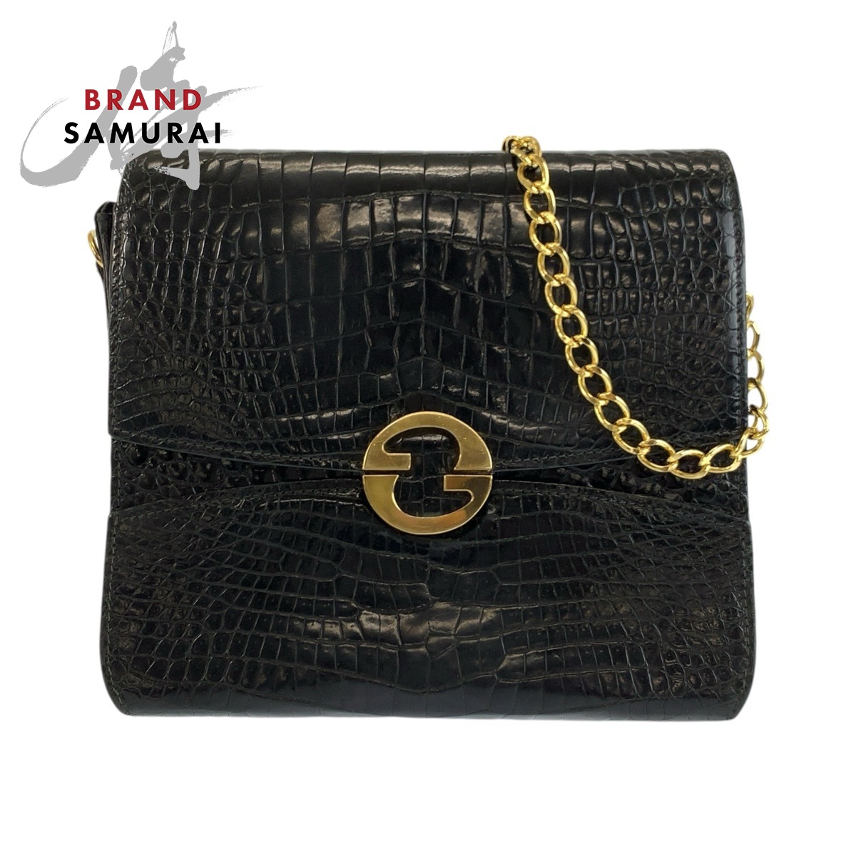 GUCCI グッチ ヴィンテージ ブラック 黒 ゴールド金具 クロコダイル チェーンショルダーバッグ レディース 603004 【中古】|BRAND SAMURAI
