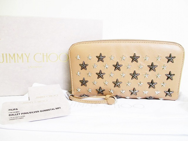 【新古品】ジミーチュウ Jimmy Choo 金属元素 スタッズ カーフレザー ラウンドジッパー 長紙入れ FILIPA メンズ レディース バレットピンク（ベージュ） 【中古】