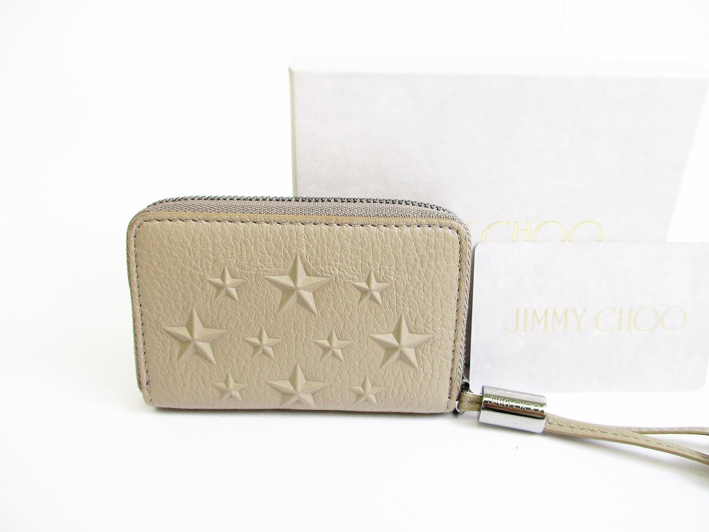 【新古品】 ジミーチュウ Jimmy Choo エンボススタッズ レザー ラウンドファスナー コインパース 小銭入れ メンズ レディース ベージュ 【中古】