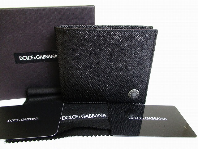 【新古品】 ドルチェ＆ガッバーナ 弗ガバ Dolce\u0026Gabbana D\u0026G なめし革 二つ折り 紙入れ ビルウォレット パウダーコンパクト紙入れ メンズ 黒 【中古】