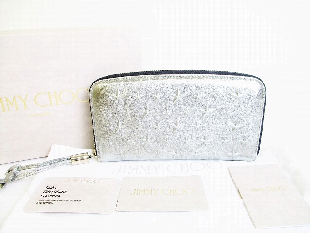 【超美品】 ジミーチュウ Jimmy Choo エンボススタッズ メタリックレザー ラウンドジッパー 長札入れ メンズ レディース メタリックシルバー 【中古】 メンズ財布-バッグ・小物・ブランド雑貨-財布・ケース