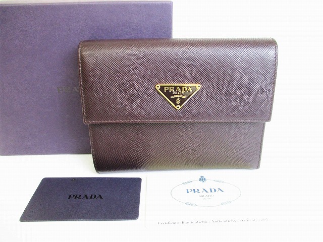 未使用保管品 Prada 財布 プラダ Prada サフィアーノ レザー ゴールド金具 3つ折り 中古 茶