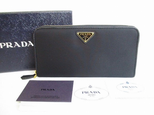 Prada バッグ 小物 ブランド雑貨 中古 早割クーポン レディース プラダ 東京のブランドショップ ナイロン レザー ジップアラウンド長 財布 ネロ ラウンド財布 ゴールド金具 展示保管品 メンズ ゴールド金具