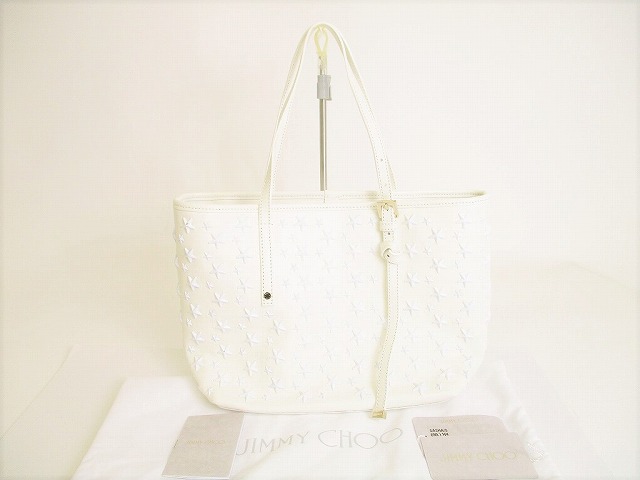 【展示保管品】 ジミーチュウ Jimmy Choo スタッズ レザー トートバッグ ショルダーバッグ ショッピングバッグ サシャ S 白 【中古】