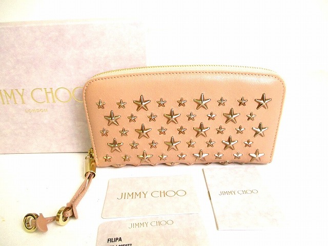 【見せびらかす納める品】 ジミーチュウ Jimmy Choo メタルスタッズ なめし革 ラウンドジッパー 長紙入れ メンズ レディース バレットピンク 【中古】