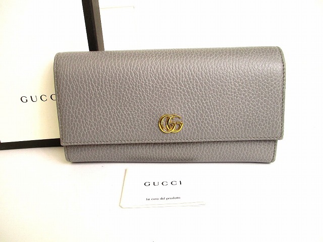 【展示保管品】 グッチ GUCCI GG マーモント レザー 2つ折り 長財布 コンチネンタルウォレット インターナショナルウォレット グレー 【中古】