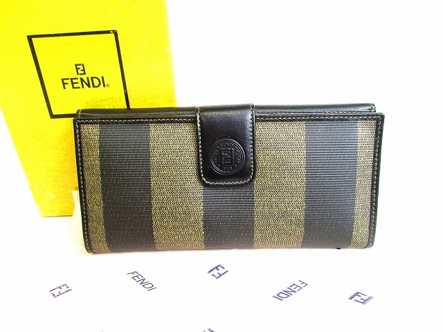 【未当てはめる倉入れ品】 フェンディ FENDI ペカン 帆布 なめし革 2つ折り 長紙入れ コンチネンタルウォレット 【中古】