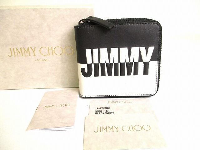 【未当てはめる倉入れ品】 ジミーチュウ Jimmy Choo ローレンス ロゴタイプ動機 なめし革 2つ折り 紙入れ パウダーコンパクト紙入れ メンズ レディース 黒いこと×白いこと 【中古】