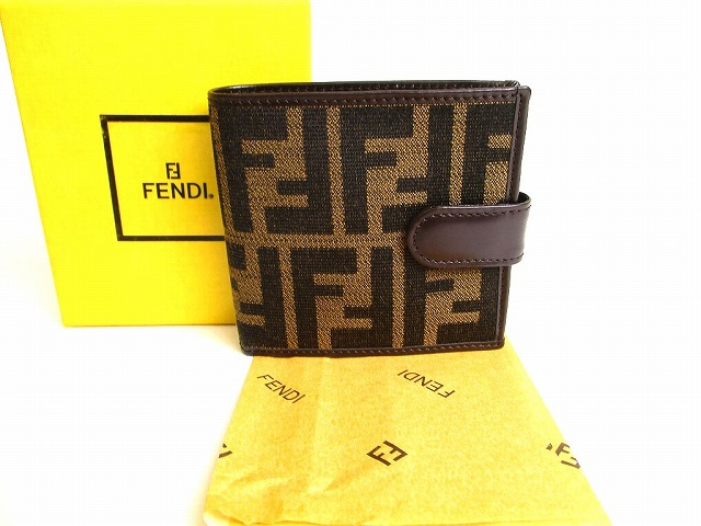 【未当てはめる倉入れ品】 フェンディ FENDI ズッカ なめし革 2つ折り パウダーコンパクト紙入れ コンパクトウォレット メンズ レディース まっ黒い赤銅色 【中古】