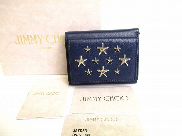 【新古品】 ジミーチュウ Jimmy Choo メタルスタッズ なめし革 3つ折り 紙入れ パウダーコンパクト紙入れ メンズ レディース 米国海軍 【中古】