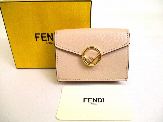 【未当て嵌める納める品】 フェンディ FENDI エフ イズ フェンディ FF主題 ゴールド金具 なめし革 マイクロ 3つ折り パウダーコンパクト紙入れ コンパクトウォレット ベージュ 【中古】