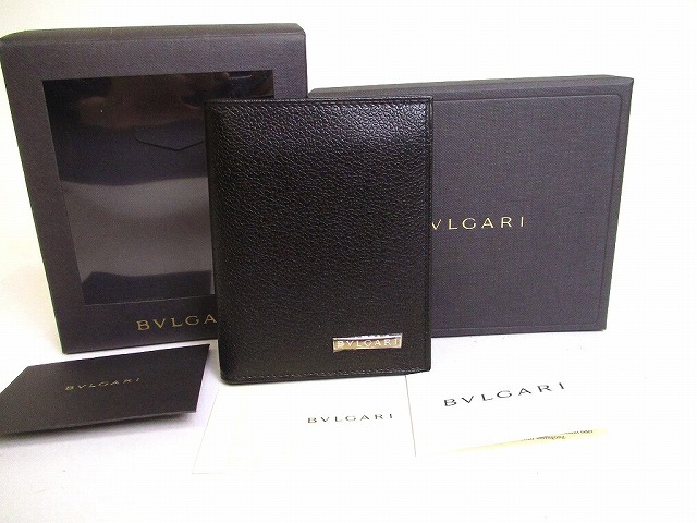 【希少】 【新古品】 ブルガリ BVLGARI パラディウムプレート カーフレザー 2つ折り 札入れ パスケース IDホルダー カードケース コンパクト財布 メンズ 黒 【中古】