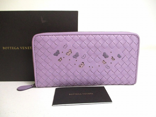 【未使用保管品】 ボッテガヴェネタ BOTTEGA VENETA イントレチャート 蝶 モチーフ バタフライ レザー ラウンドファスナー 長財布 メンズ レディース パープル 【中古】
