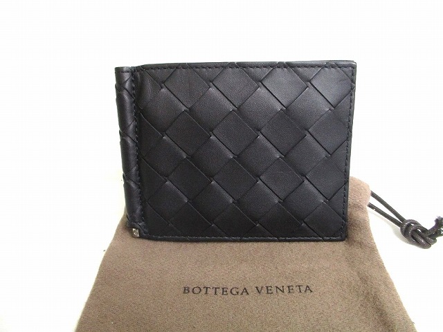 【新品負けず劣らず】 ボッテガヴェネタ BOTTEGA VENETA イントレチャート カーフスキン 先だつものゼムクリップ付き添い人 二つ折り ウォレット 金入れ 札入れ メンズ 黒いこと×青色 【中古】 メンズ財布-財布・ケース