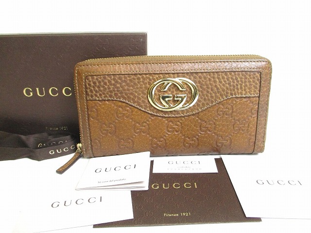 【新品負けず劣らず】グッチ GUCCI グッチシマ レザ スーキー インターロッキングG ラウンドファスナ― 長紙入れ メンズ レディース 茶 【中古】