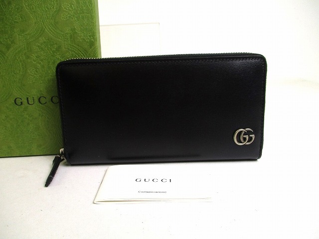 【未使用保管品】 グッチ GUCCI GG マーモント レザー ラウンドファスナー長財布 ジップアラウンドウォレット メンズ レディース 黒 【中古】 59,400円