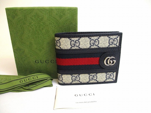【未使用保管品】 グッチ GUCCI ダブルG オフィディア レザー ウェブストライプ カードケースウォレット 2つ折り 札入れ 財布 メンズ ベージュ×ネイビー 【中古】
