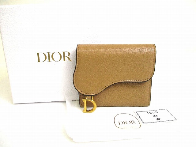【未使用保管品】 クリスチャン ディオール Christian Dior カーフスキン サドル ロータスウォレット 3つ折り 財布 コンパクトウォレット ブラウン 【中古】