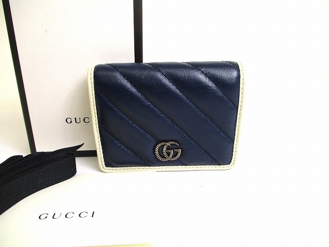 【未当て嵌める納める品】 グッチ GUCCI GG マーモント なめし革 しろがね色金具 歌留多入れもの 2つ折り 紙入れ コンパクトウォレット メンズ レディース 米国海軍 【中古】