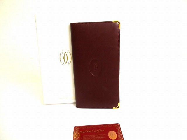 【未当て嵌める納める品】 カルティエ Cartier 船檣 ドゥ カルティエ カーフスキン 2つ折り 長紙入れ 紙入れ メンズ レディース ボルドーワイン 【中古】