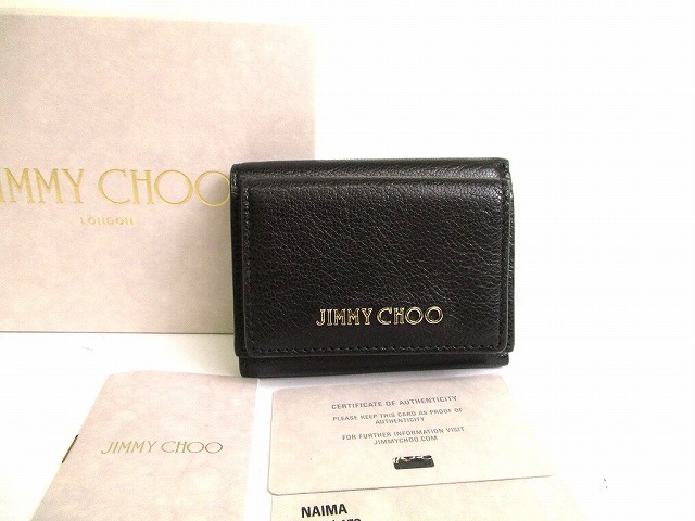【未当て嵌める倉入れ品】 ジミーチュウ Jimmy Choo ロゴタイプ ゴートレザー NAIMA 3つ折り 札入れ パウダーコンパクト札入れ メンズ レディース 黒 【中古】 財布・ケース-バッグ・小物・ブランド雑貨-メンズ財布