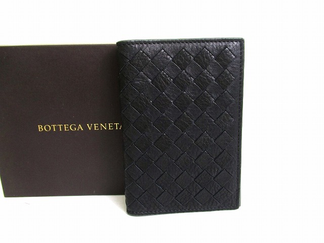 【新品負けず劣らず】 ボッテガヴェネタ BOTTEGA VENETA イントレチャート なめし革 ビジネスカードケース 名刺入れ 歌留多入れ メンズ レディース 黒 【中古】