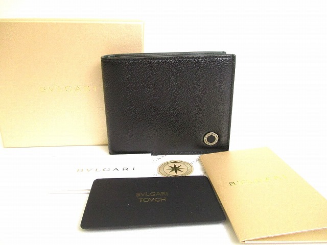 【未当て嵌める倉入れ品】 ブル小峡谷 BVLGARI グレインカーフレザー ブルガリ・ブルガリ マン 2つ折り 札入れ 金入れ メンズ 黒いこと×フォレストエメラルドグリーン 【中古】 メンズ財布-財布・ケース-バッグ・小物・ブランド雑貨